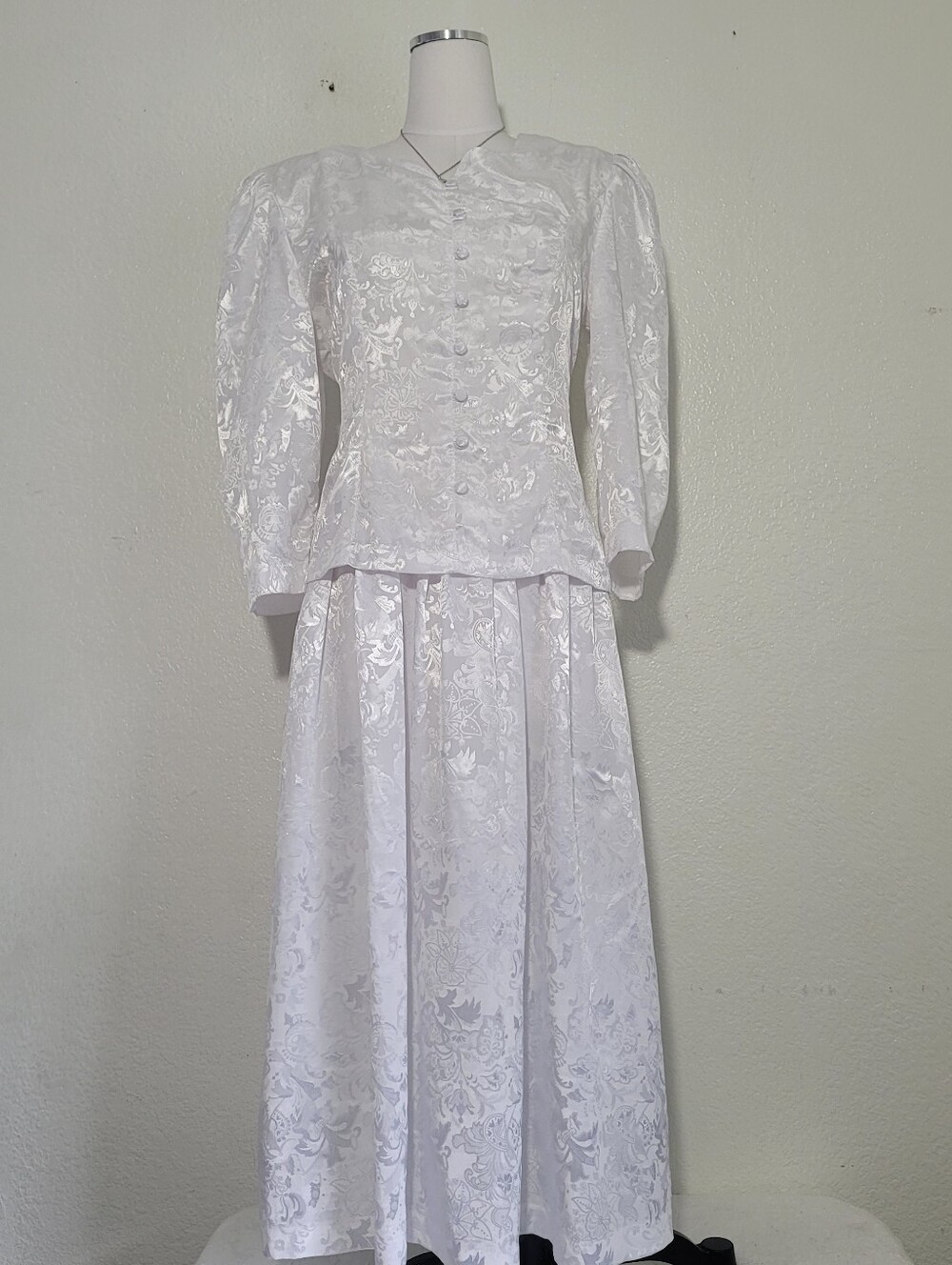 Vintage Edwardian Inspired Elegant White Satin Jacquard Midi Dress W 3/4 Sleeves